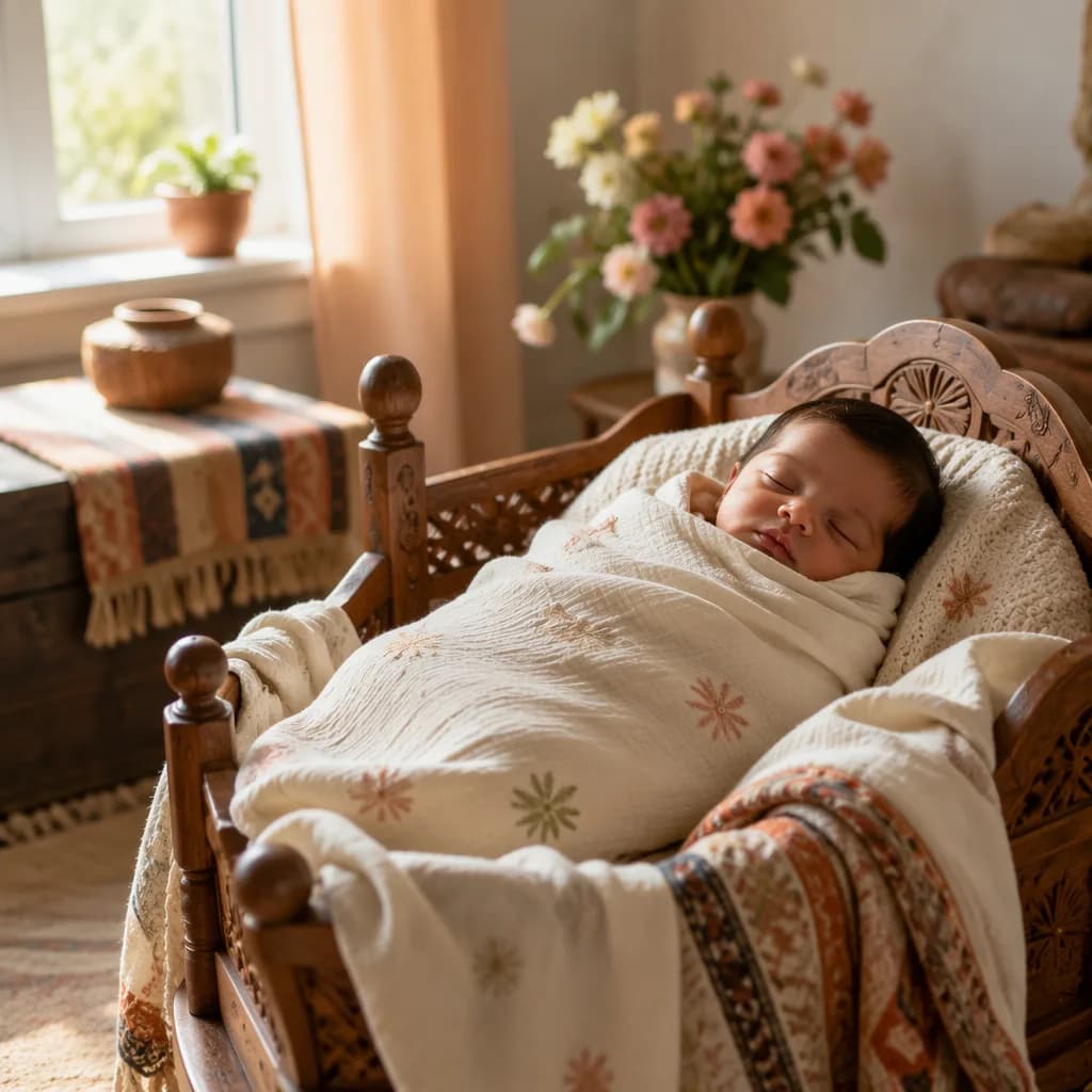 Sleeping newborn in a warm pastel nursery with South Asian-inspired details.