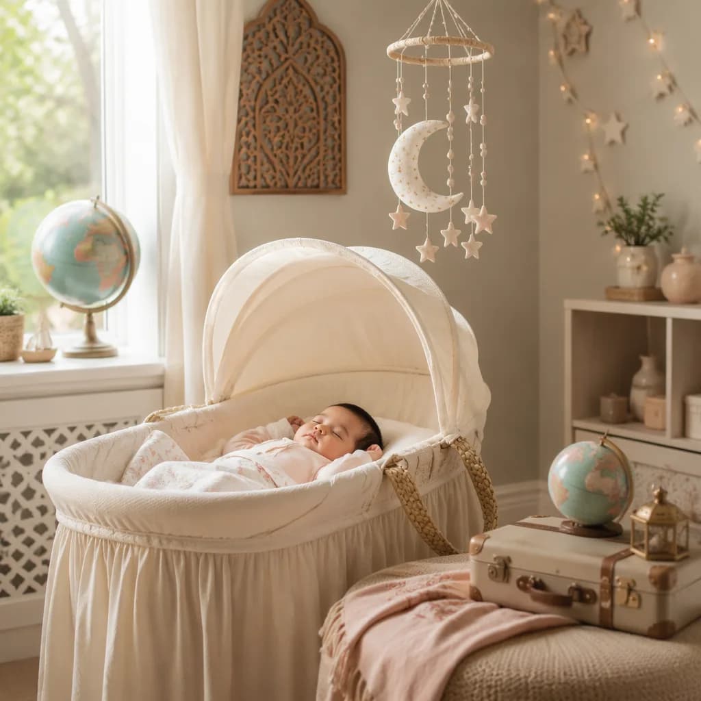 Peaceful baby nursery with crescent moon mobile and soft travel-themed decor.
