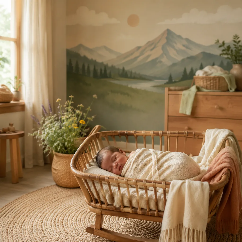 Sleeping baby in a soft pastel nursery with natural woven textures and gentle light.