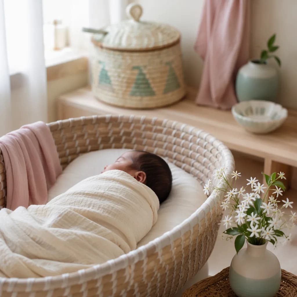 Peaceful newborn in a soft pastel nursery with jasmine flowers and woven accents.