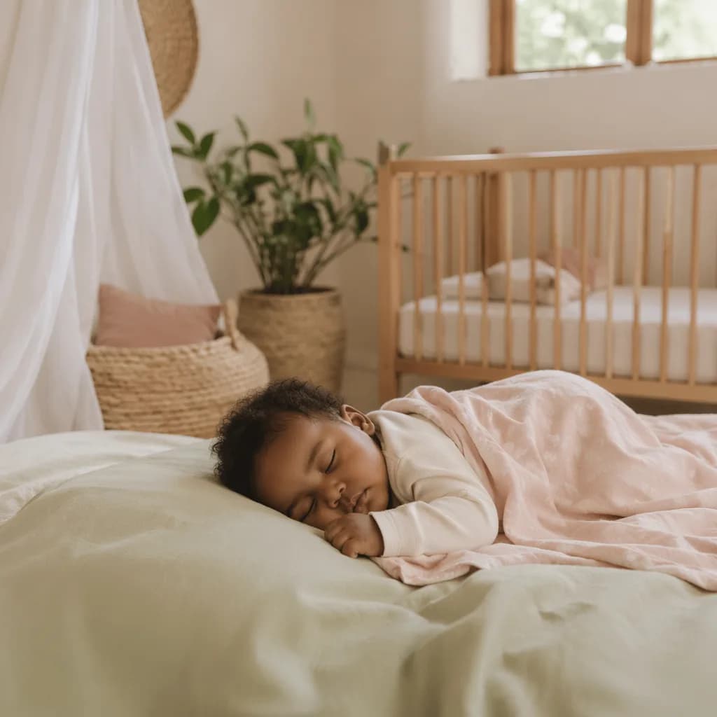 Peaceful sleeping baby in a soft pastel nursery with warm natural light.