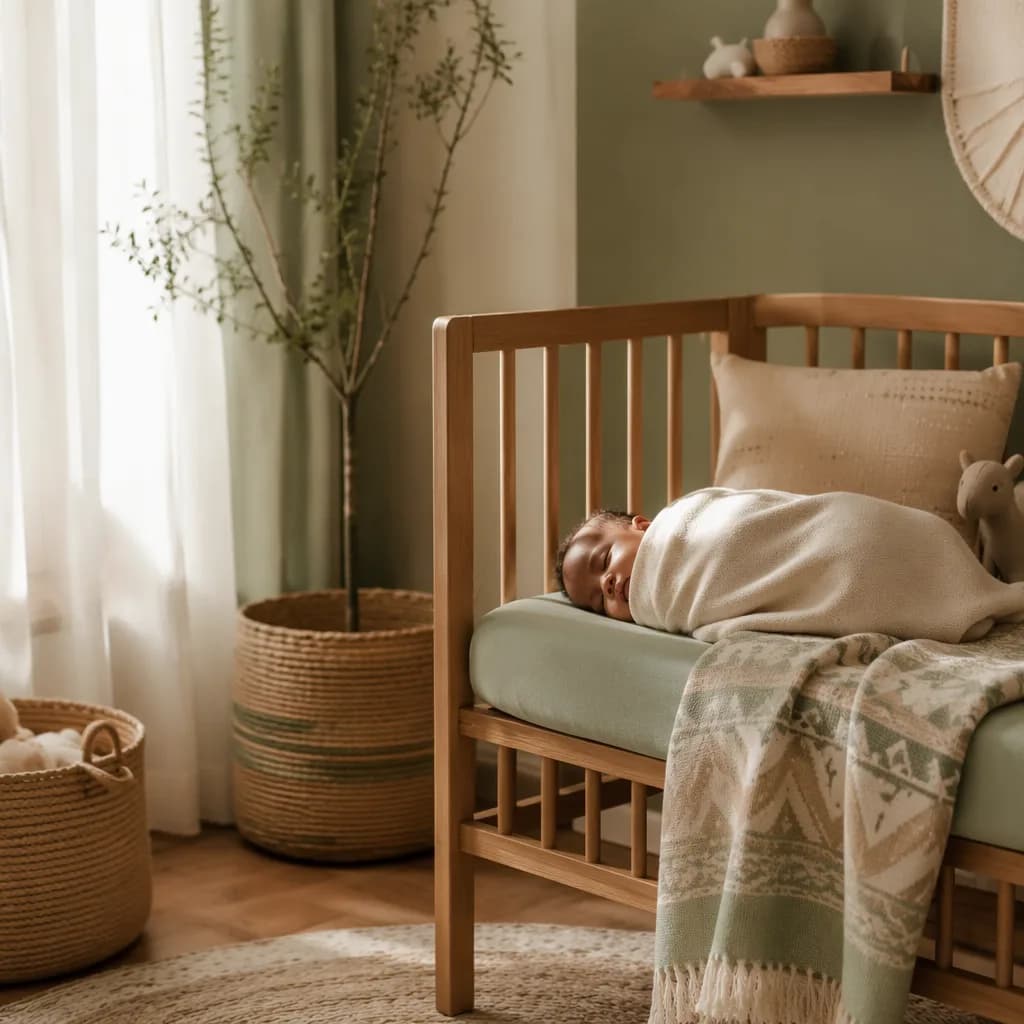 Peaceful pastel nursery with a swaddled sleeping baby and soft natural light.