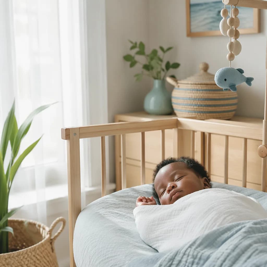 Peaceful sleeping baby in a soft coastal-inspired nursery.