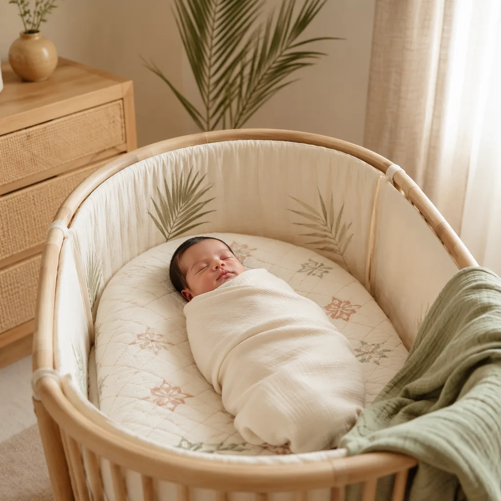 Peaceful newborn in a soft pastel Arabic-inspired nursery