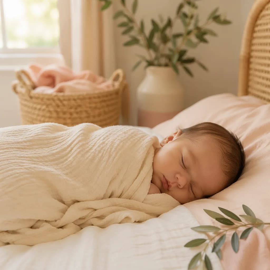 Peaceful Spanish-inspired nursery scene with a sleeping baby in soft pastel light