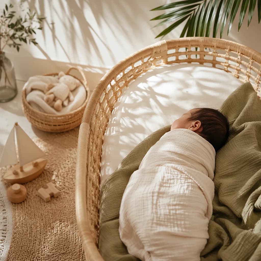 Peaceful swaddled baby in a warm Swahili-inspired nursery with soft pastel decor.