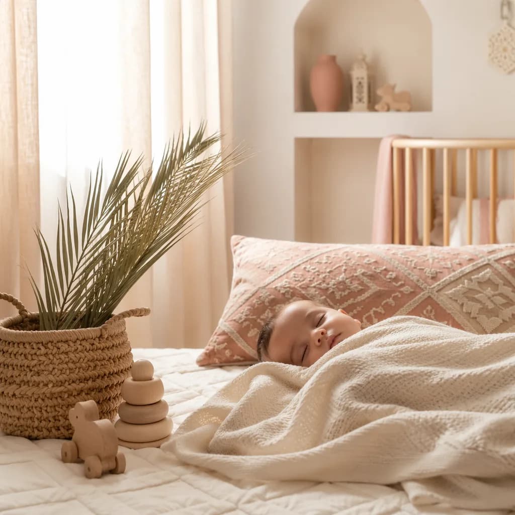 Peaceful swaddled baby in a soft pastel nursery with gentle Arabic-inspired details.