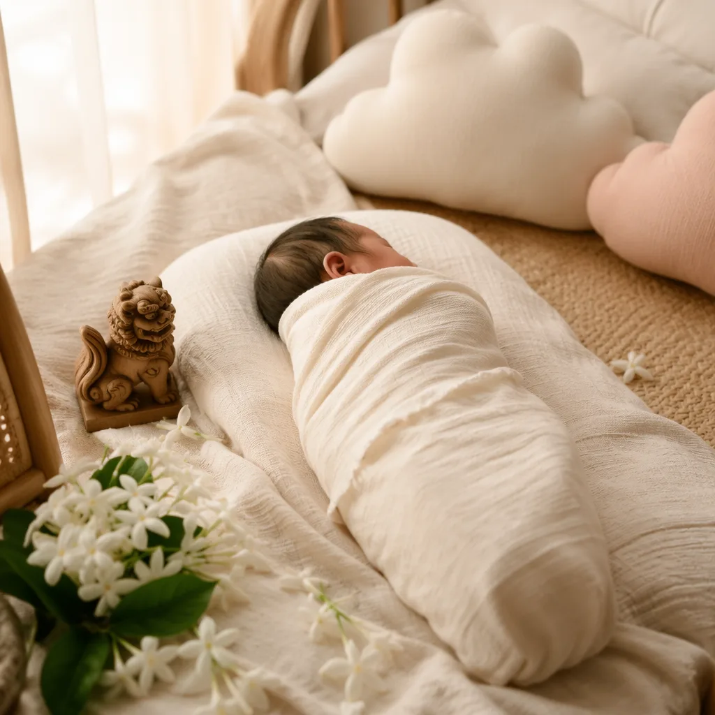 A softly lit pastel nursery with a swaddled baby, sampaguita flowers, and cozy Filipino-inspired details.