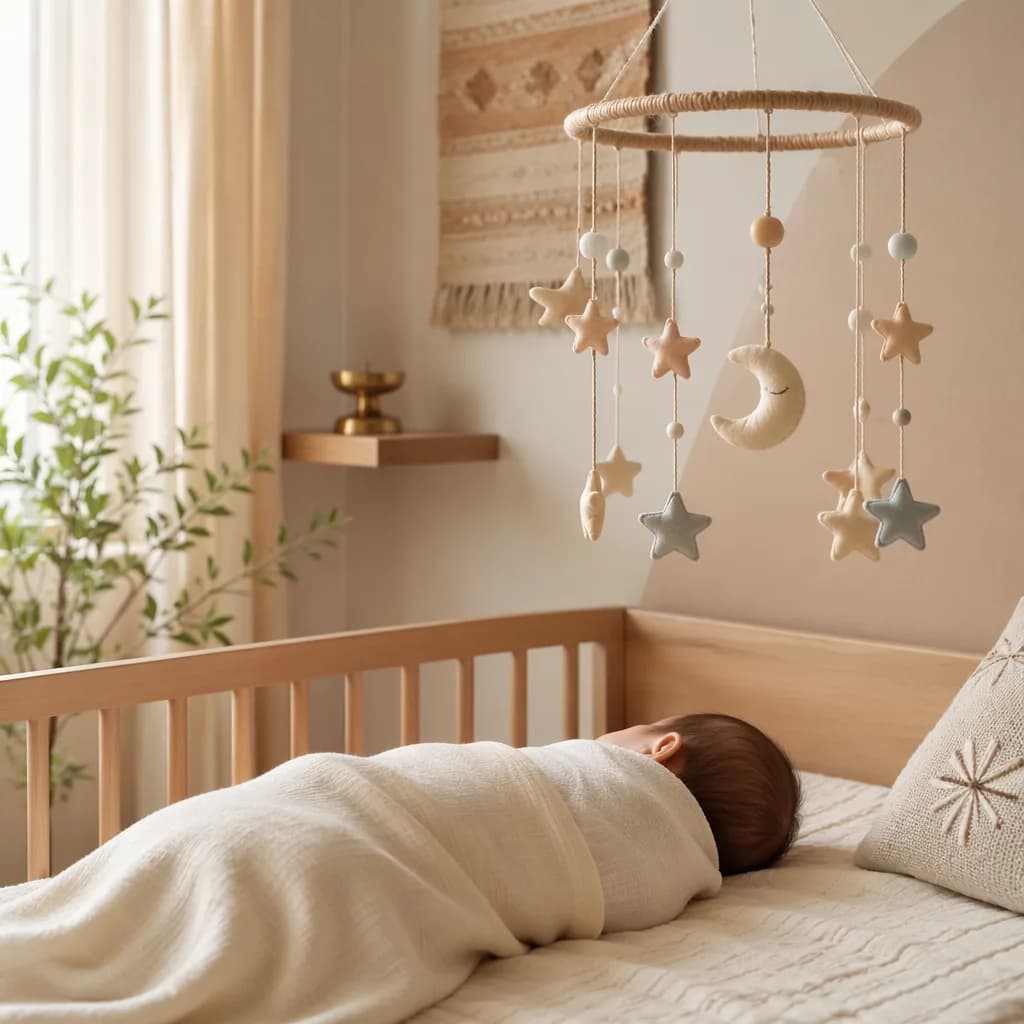 A serene pastel nursery with a swaddled baby and starry celestial mobile.