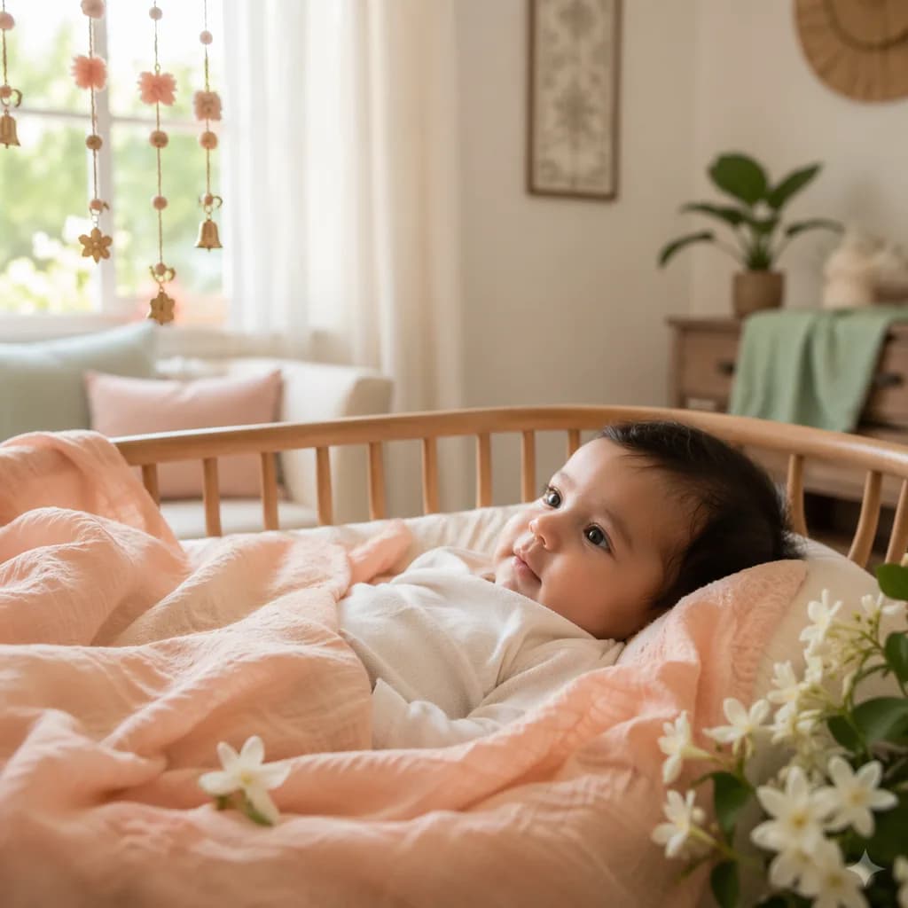 A serene baby in a pastel nursery with soft light and Indian-inspired details.