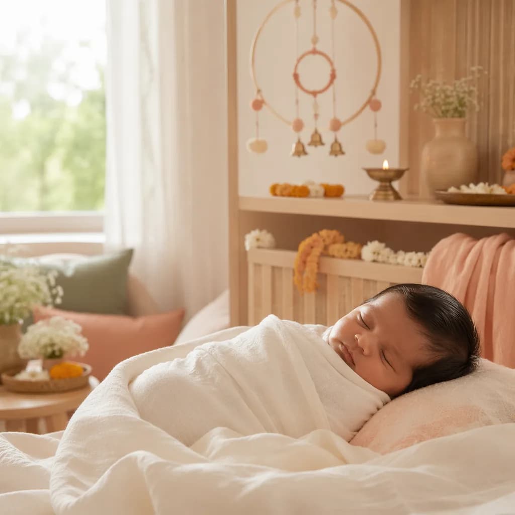 Sleeping baby in a soft pastel nursery with gentle Indian-inspired floral decor.