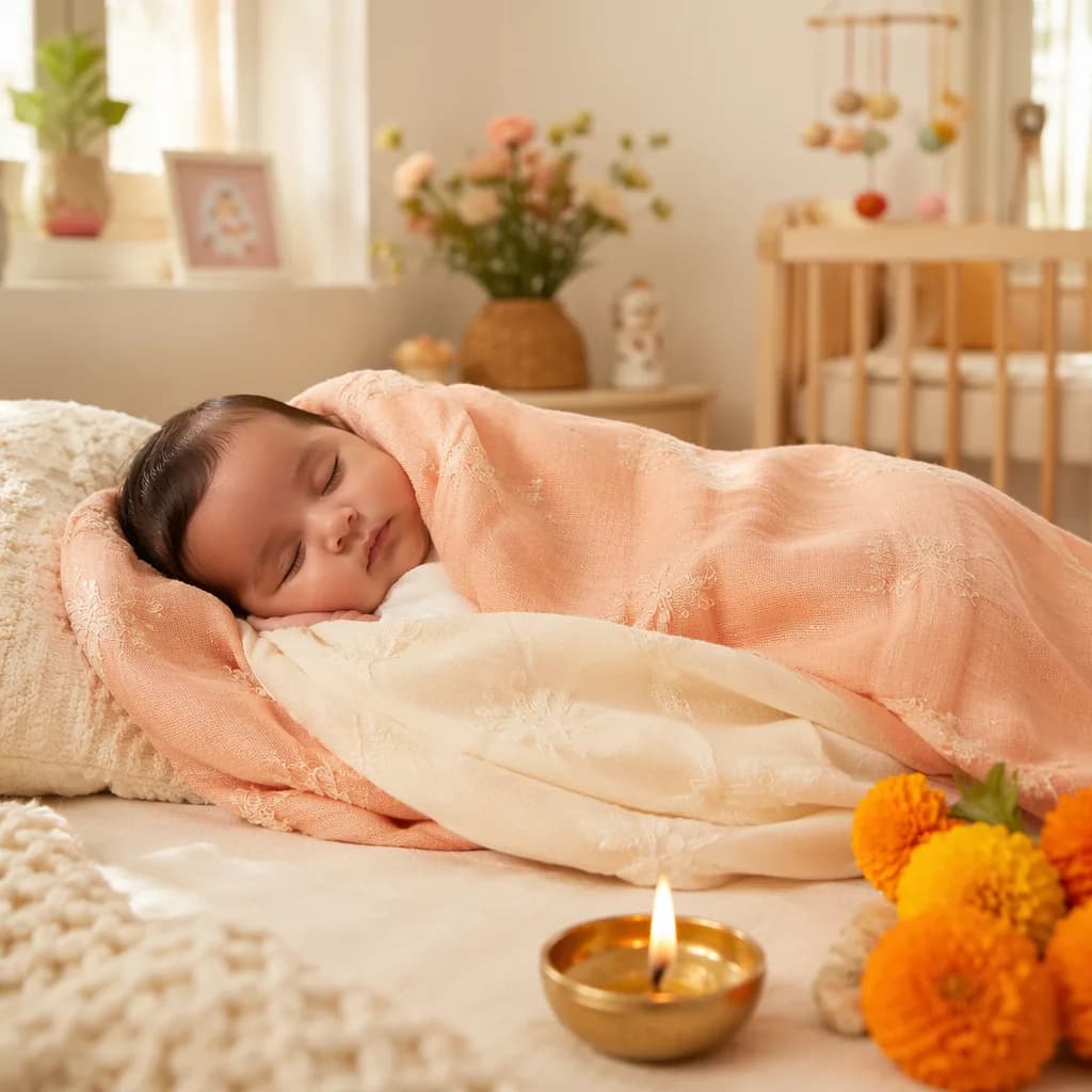 A sleeping baby in a soft pastel nursery with gentle Indian-inspired decor.