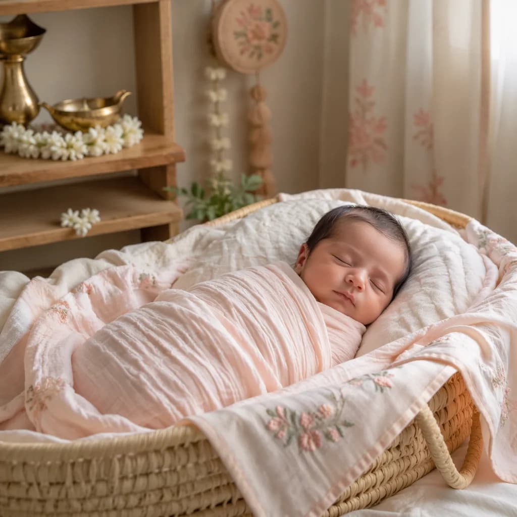 Sleeping newborn in a soft pastel nursery with subtle Indian-inspired decor.