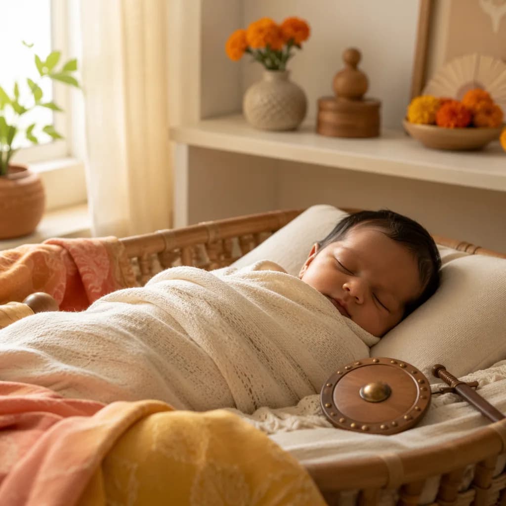 A peaceful swaddled baby in a softly lit pastel nursery with subtle sunrise and courage-inspired accents.