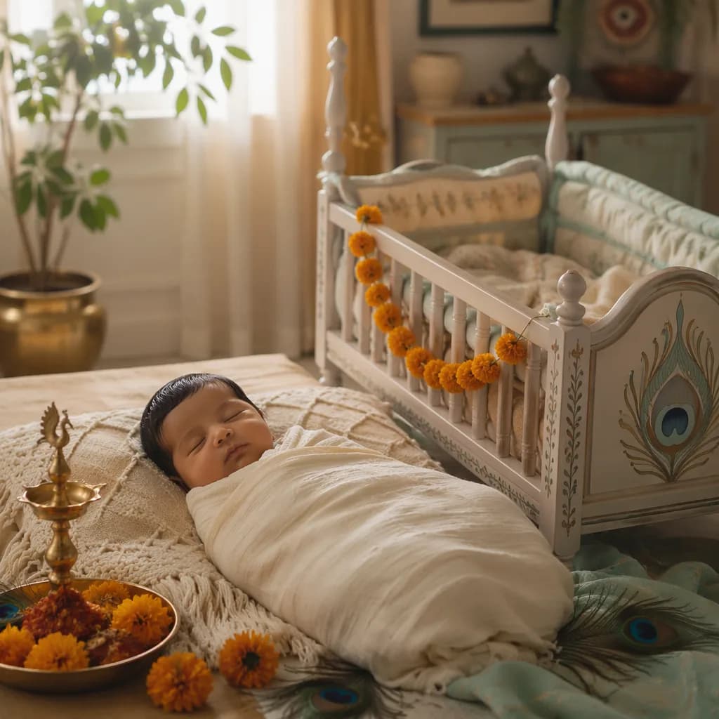 A peaceful Indian baby in a cozy pastel nursery with gentle cultural accents.