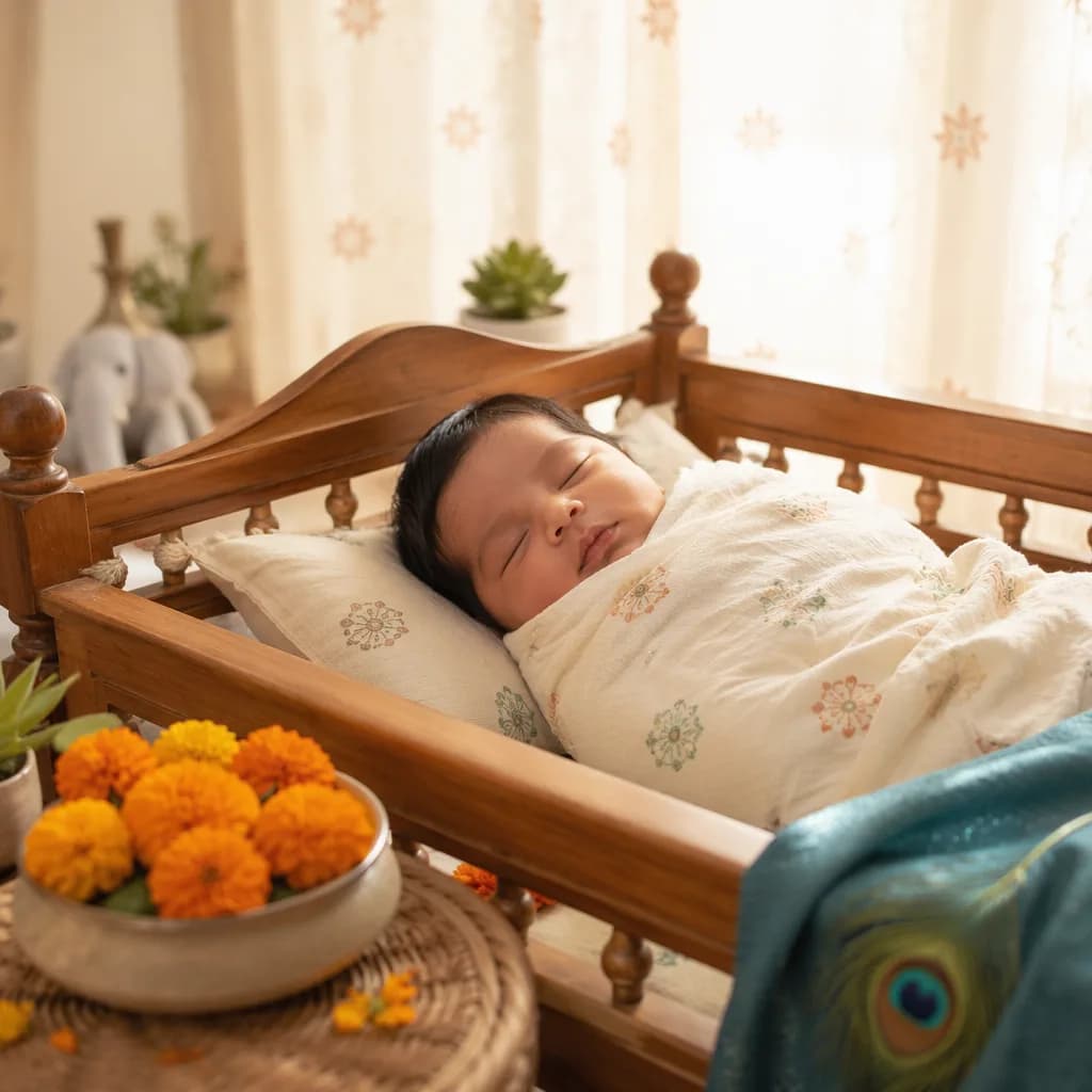 A peaceful swaddled newborn in a warm pastel nursery with subtle Indian-inspired details.