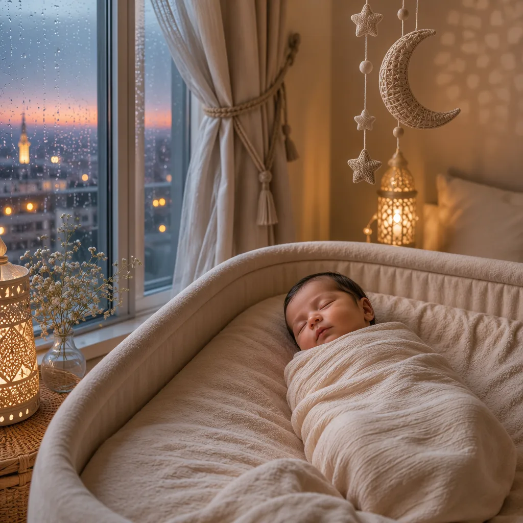 A peaceful newborn in a soft pastel nursery with raindrops and a crescent moon mobile.
