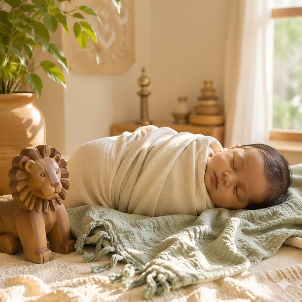 Sleeping baby in a soft pastel nursery with a wooden lion toy and gentle Indian-inspired decor.