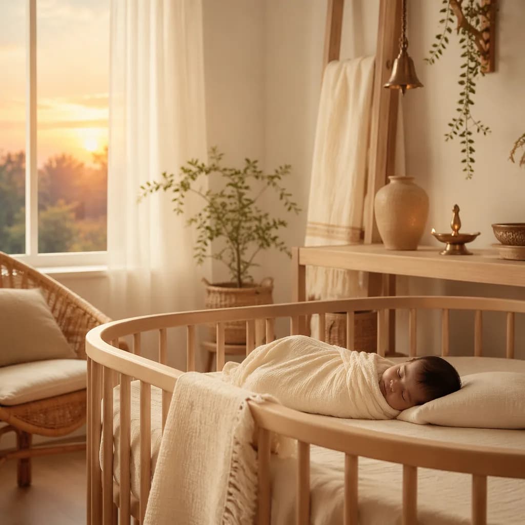 A serene pastel nursery at dawn with a swaddled sleeping baby and soft natural light.