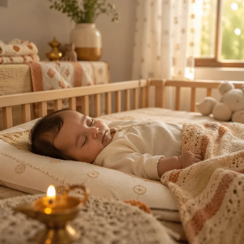 Peaceful baby in a warm pastel nursery with subtle Indian-inspired decor.