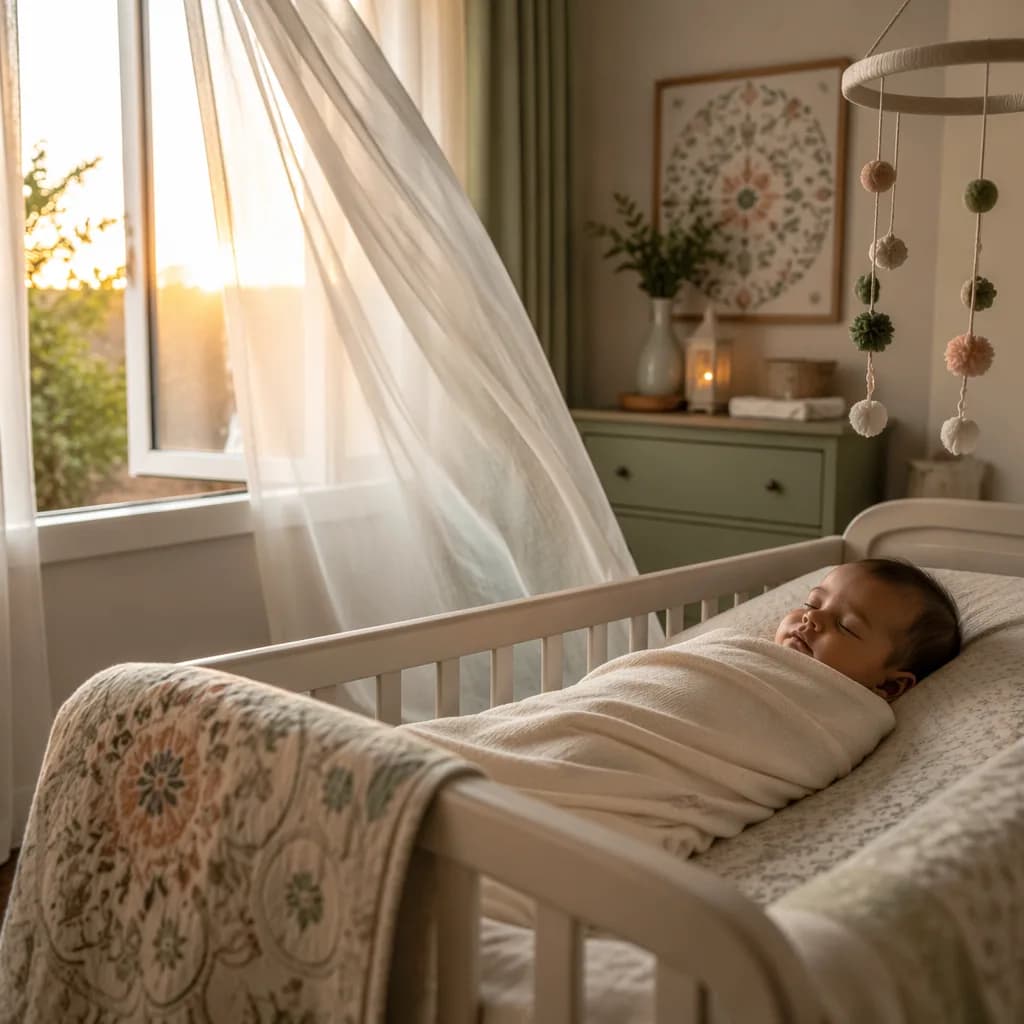 A peaceful pastel nursery with a sleeping swaddled baby and curtains gently moved by warm light.
