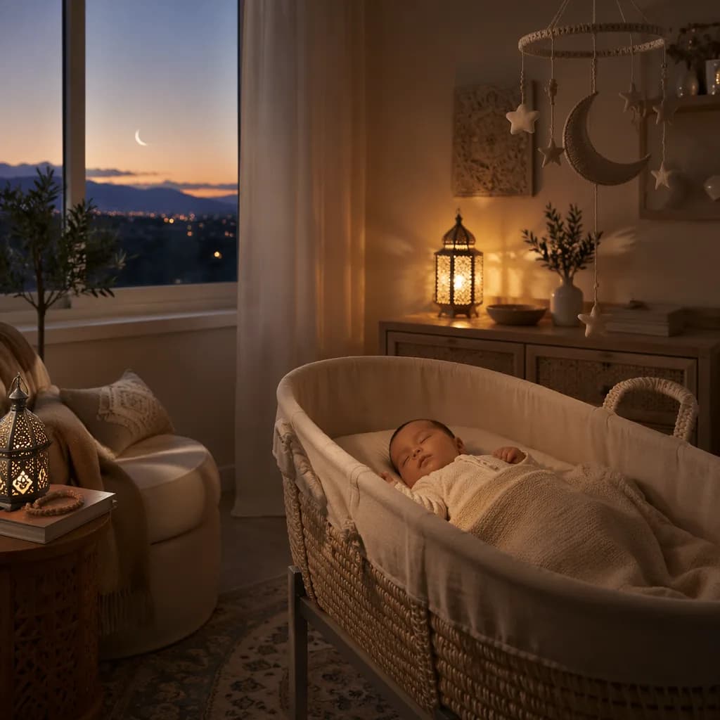 Cozy pastel nursery at dusk with a sleeping baby and crescent moon mobile.