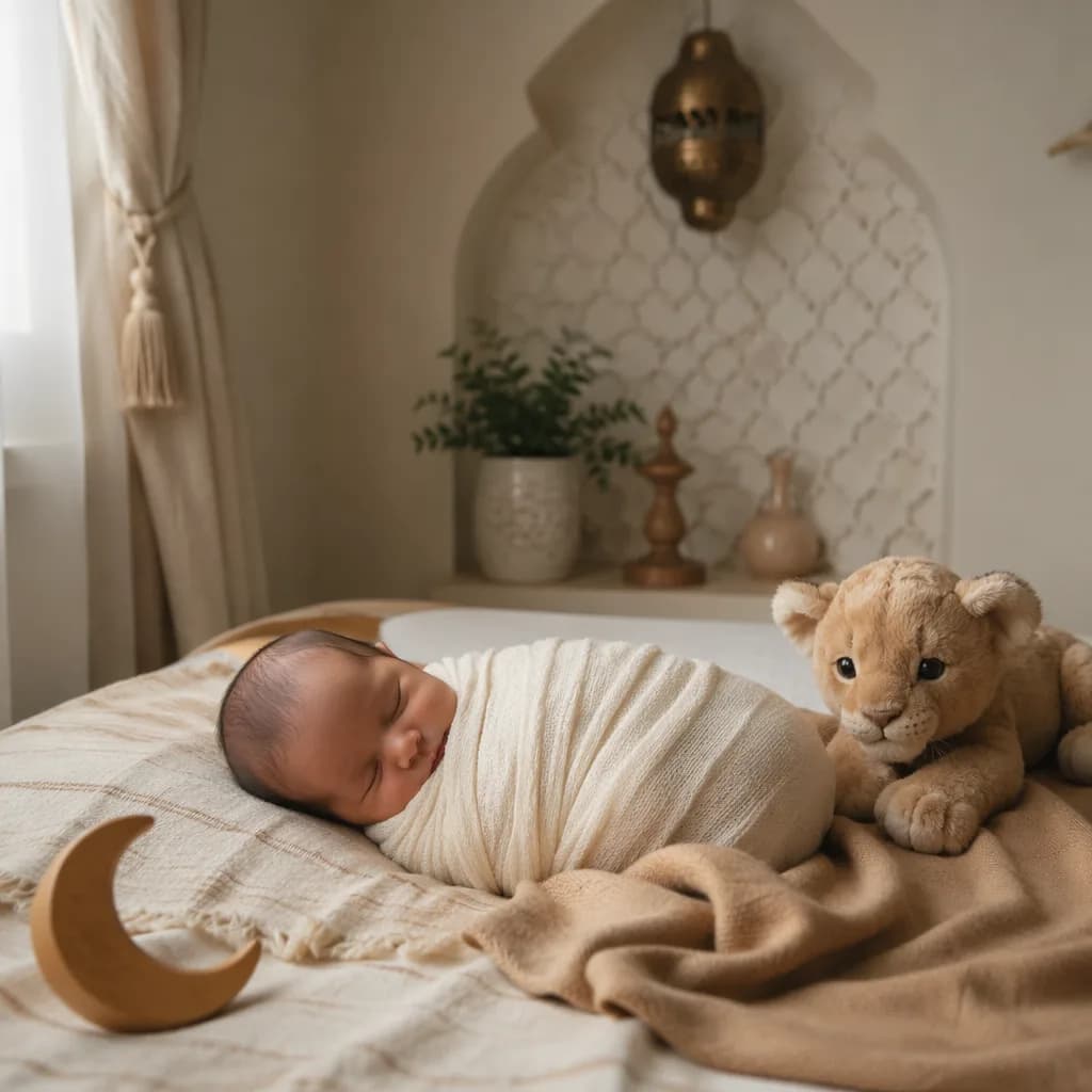 Sleeping baby in a soft Arabic-inspired nursery with crescent and lion plush details.