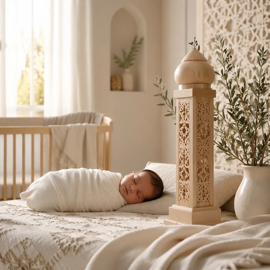 Sleeping baby in a soft pastel Arabic-inspired nursery with warm light and olive branch decor