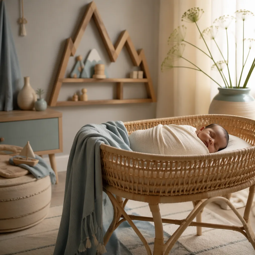 Soft pastel Arabic-inspired nursery with a swaddled sleeping baby and gentle symbolic decor.