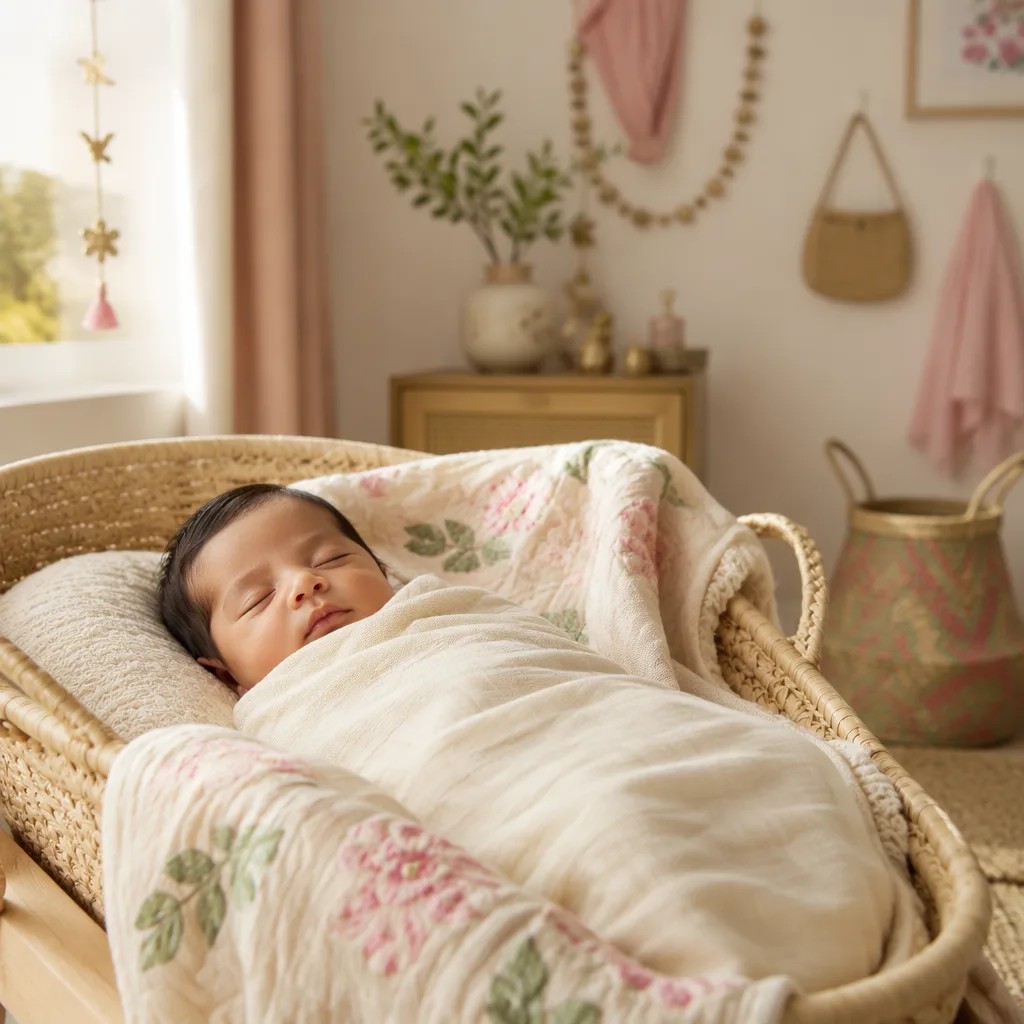 Sleeping Bengali baby in a soft pastel nursery with gentle natural light.