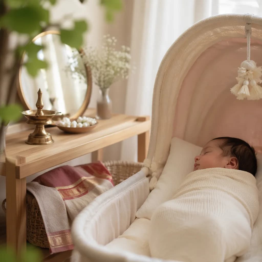 Peaceful pastel nursery with a swaddled newborn, brass diya, and soft natural light.
