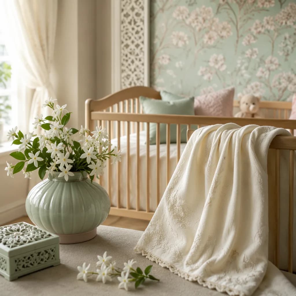 Soft pastel nursery scene with jasmine flowers and a cozy baby blanket.