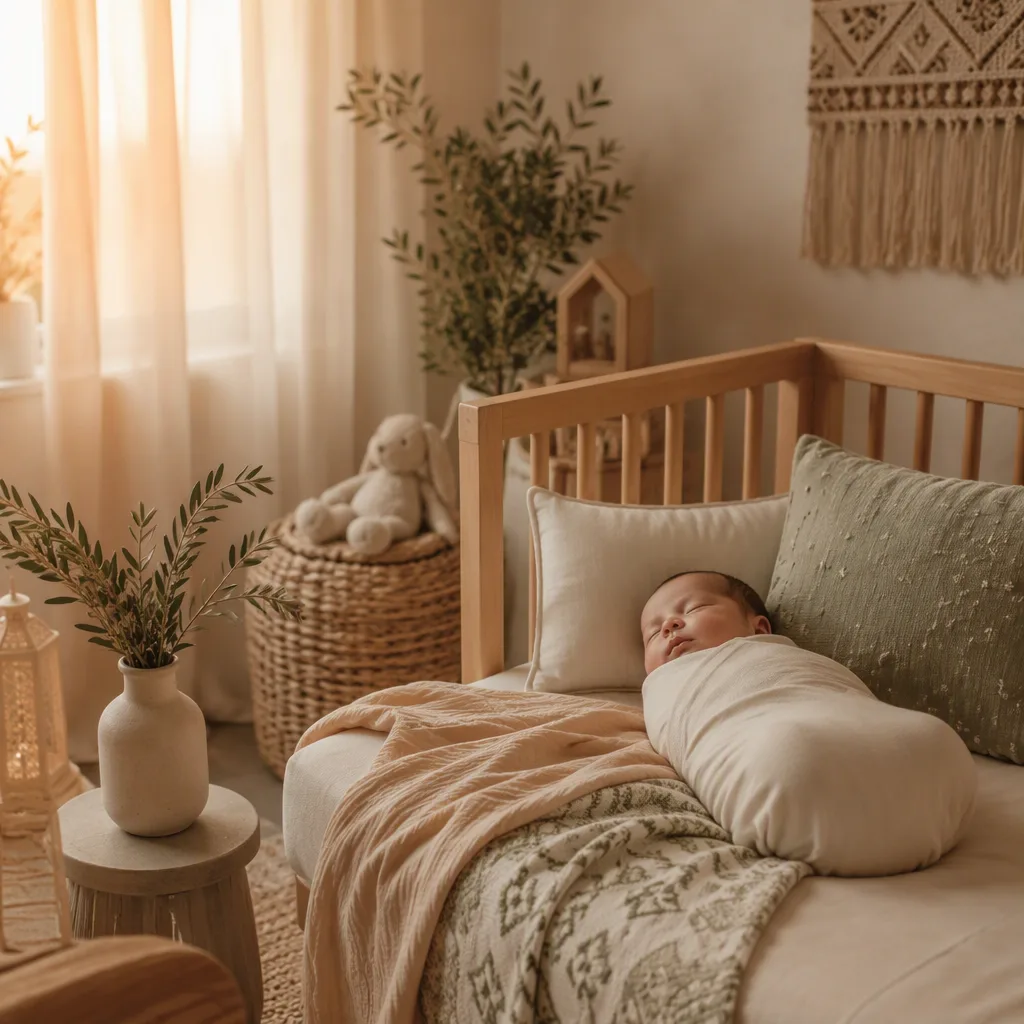 Sleeping baby in a warm pastel Arabic-inspired nursery with olive branch decor