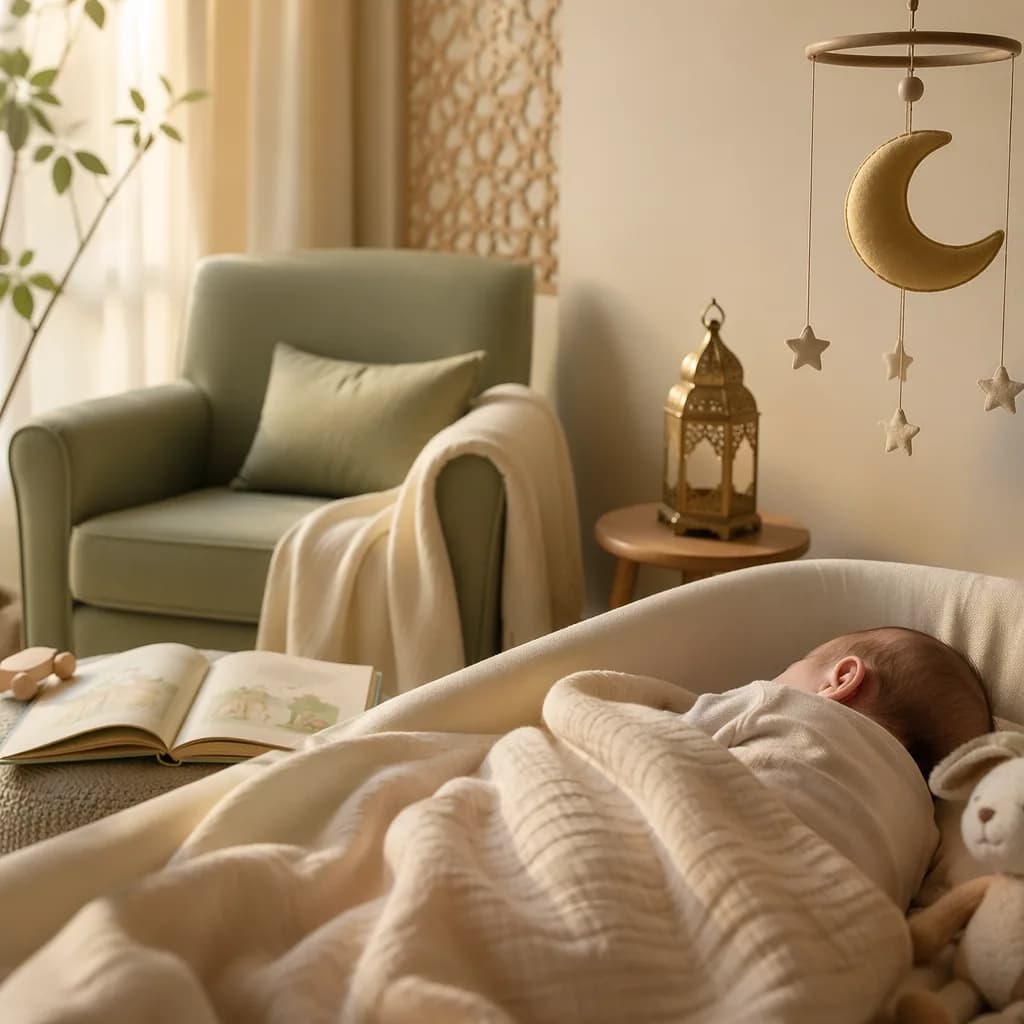 Soft pastel nursery with a sleeping baby, crescent mobile, lantern, and cozy storytime details.