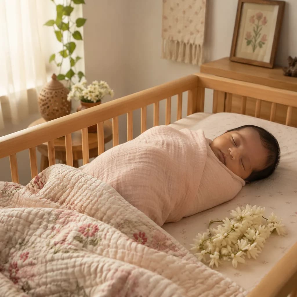 Sleeping Bengali baby in a soft pastel nursery with jasmine and a kantha quilt.