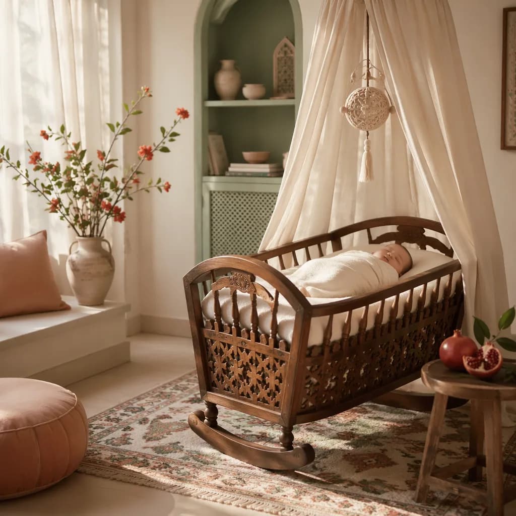 Sleeping baby in a soft Persian-inspired nursery with warm pastel decor.
