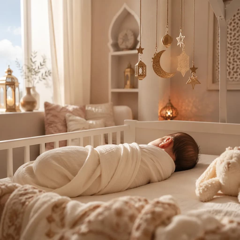 Sleeping baby in a soft pastel Arabic-inspired nursery with warm gentle light.