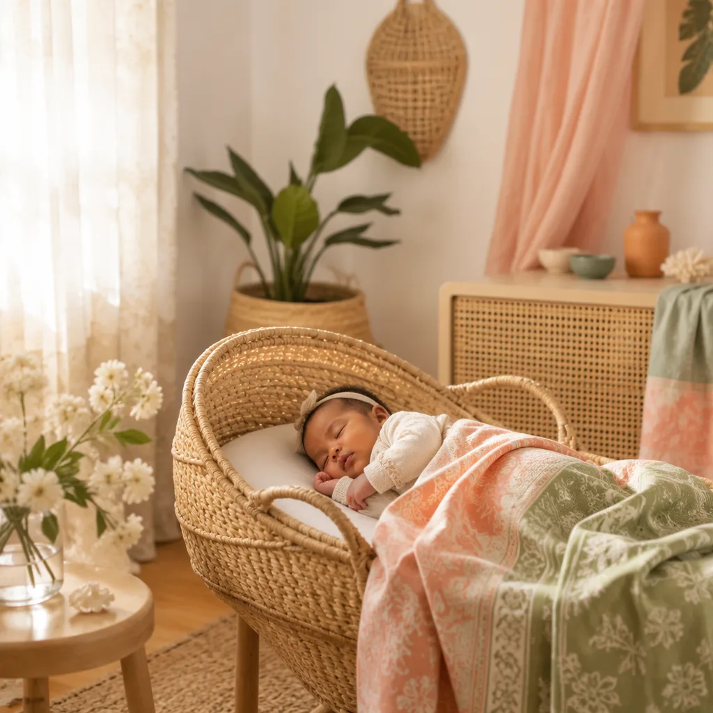 Sleeping baby in a soft pastel nursery with jasmine flowers and woven Swahili-inspired decor