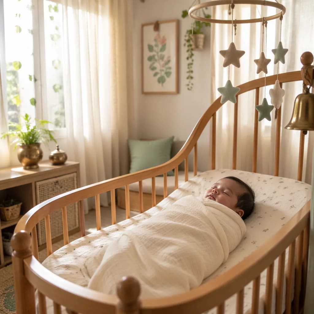 A sleeping Bengali baby in a soft pastel nursery with gentle sunlight and cozy decor.