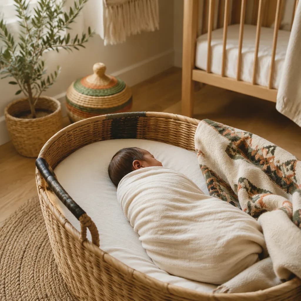 Non-identifiable newborn in a softly lit Ethiopian-inspired nursery with woven pastel accents.