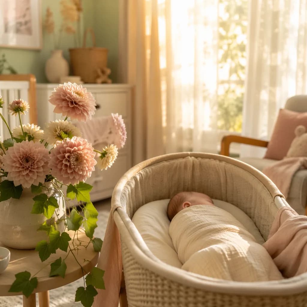 A softly lit modern nursery with a swaddled baby, dahlia flowers, and warm golden light.