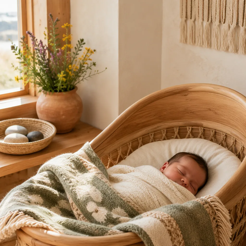 Peaceful newborn in a warm pastel nursery with subtle Southwestern natural accents.