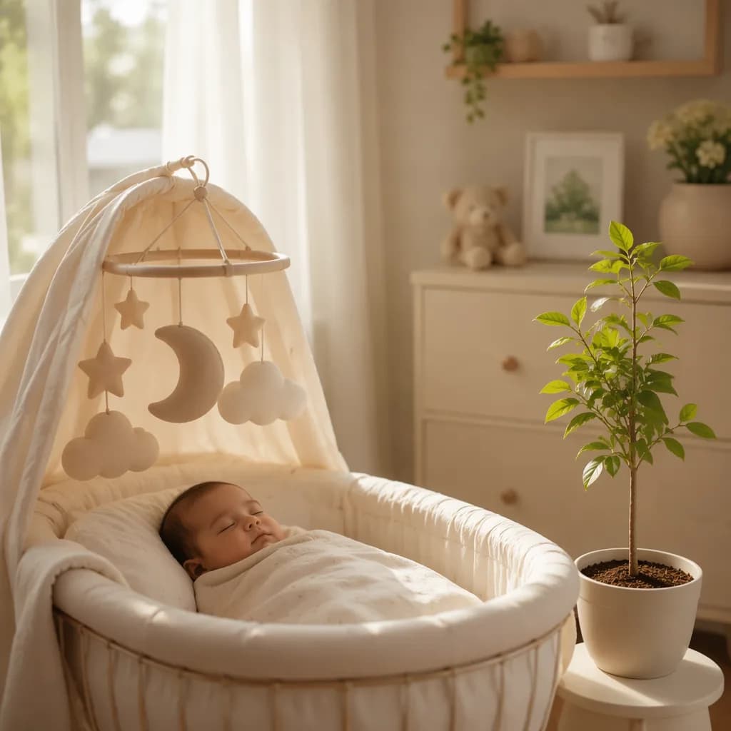 Peaceful swaddled baby in a soft pastel nursery with a small sapling and moon-star mobile.