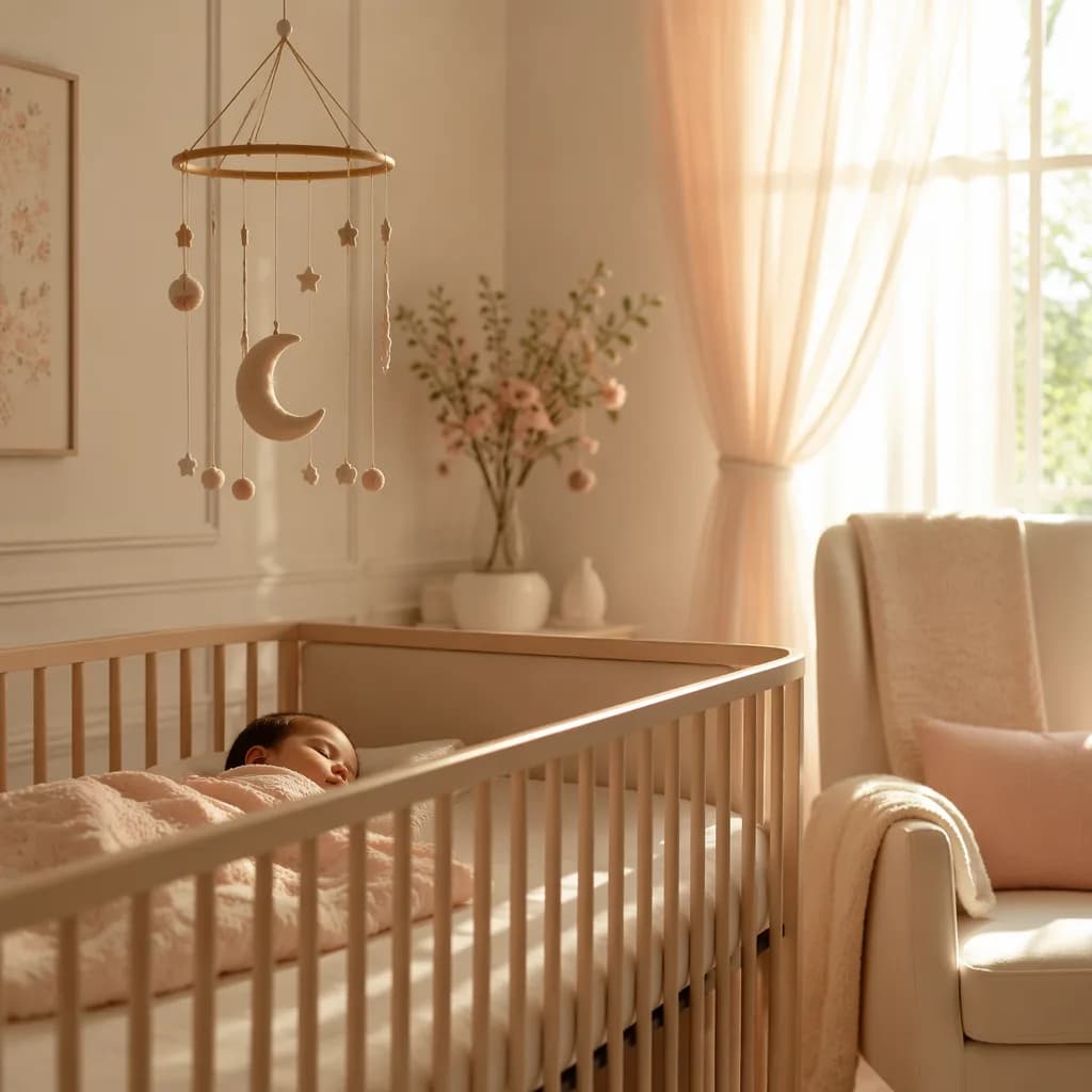 A peaceful pastel nursery with a sleeping baby in warm morning light.