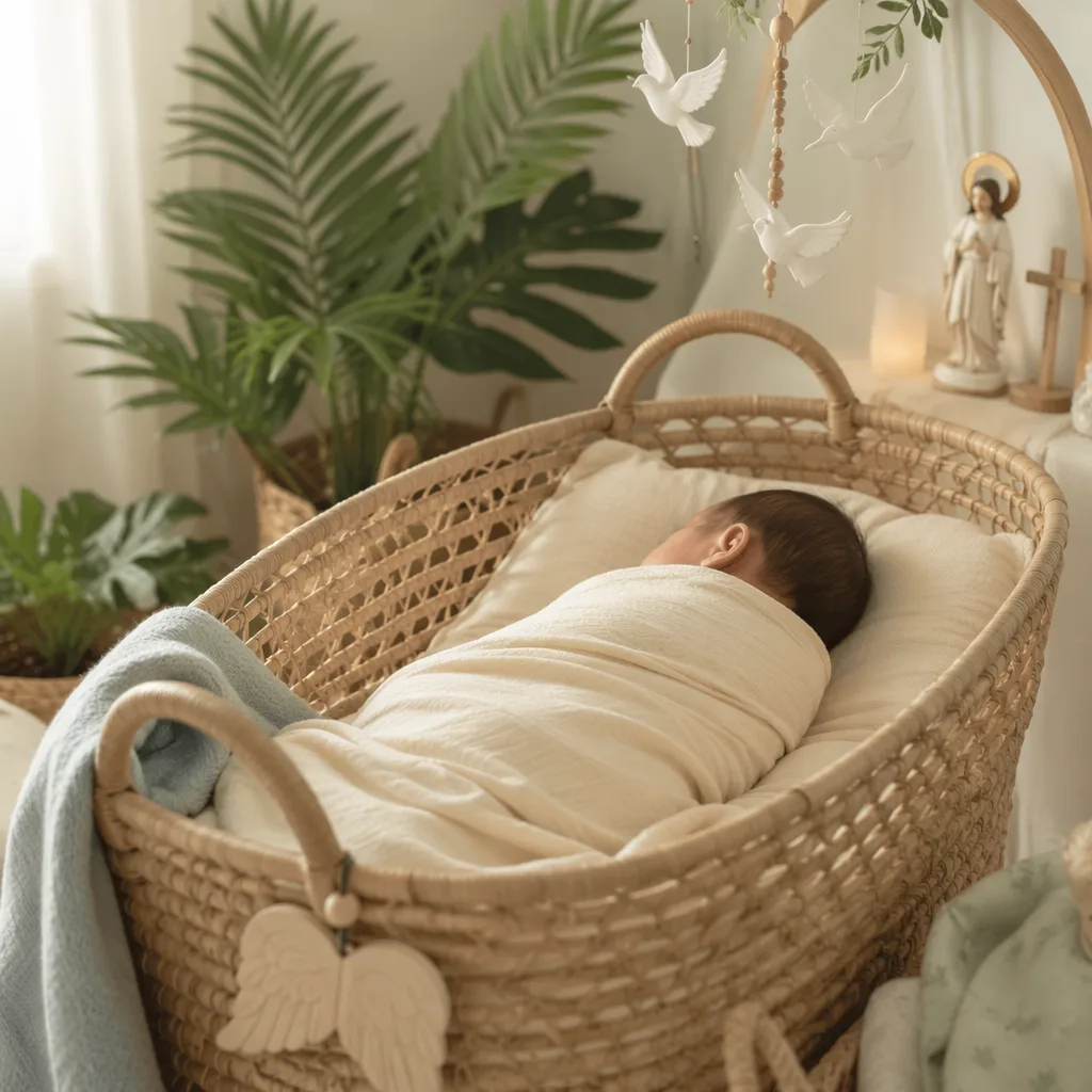A peaceful Filipino baby sleeping in a soft pastel nursery with gentle angel and dove details.