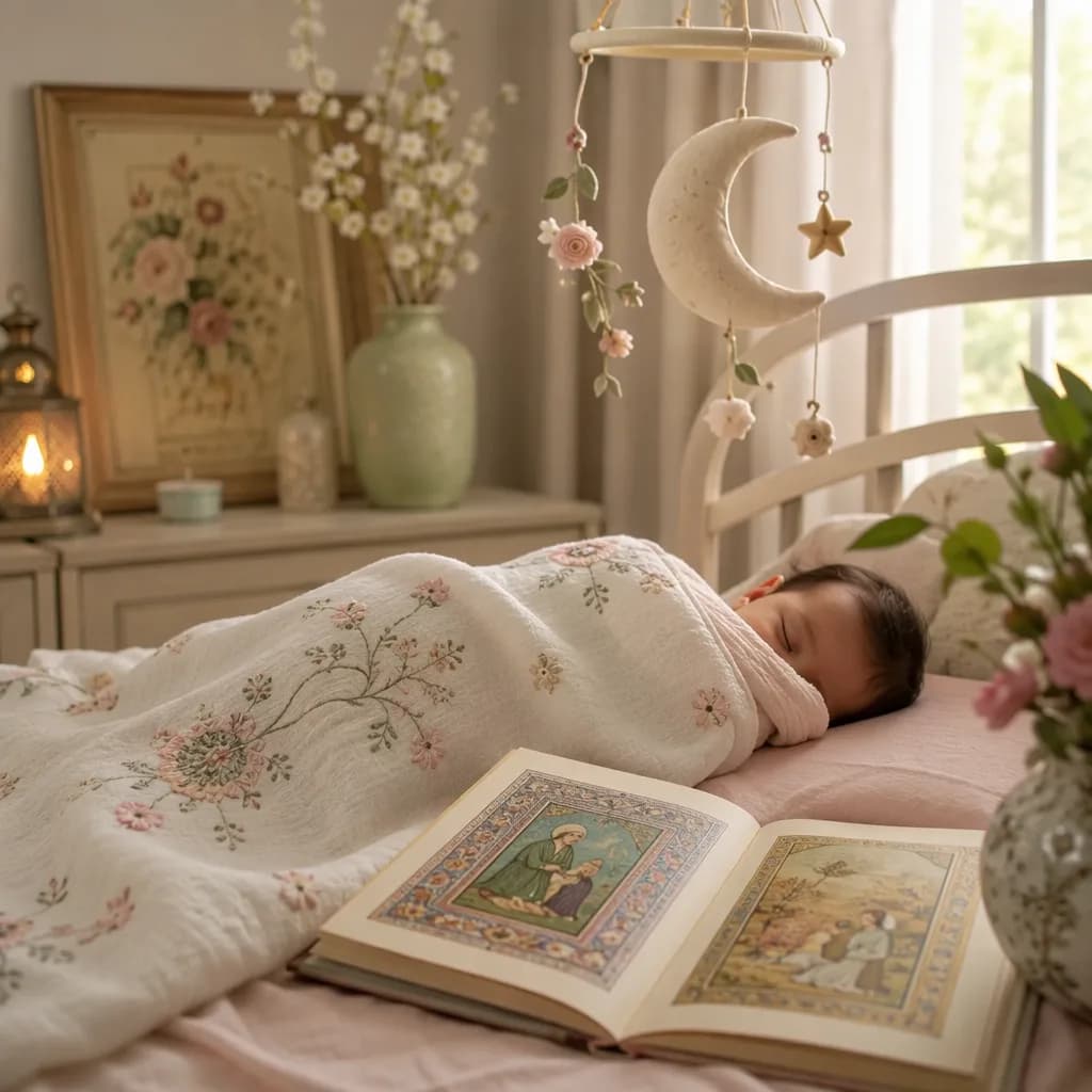 A peaceful pastel nursery scene with a swaddled baby, crescent mobile, and Urdu-inspired details.