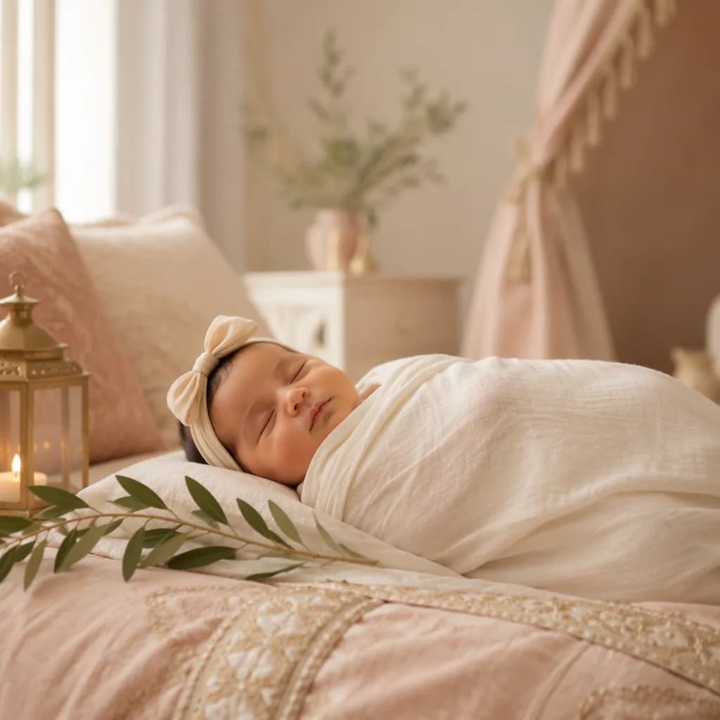A peaceful swaddled baby in a softly lit Arabic-inspired nursery with warm pastel decor.