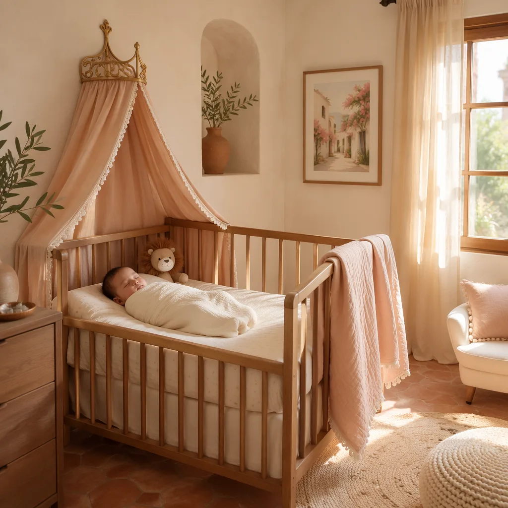 Sleeping baby in a soft Spanish-inspired nursery with pastel decor and a plush lion.