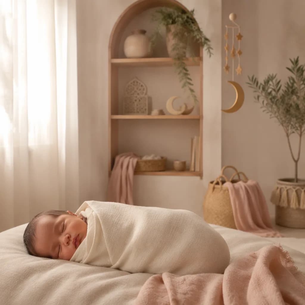 Sleeping baby in a warm pastel Arabic-inspired nursery with a crescent mobile.