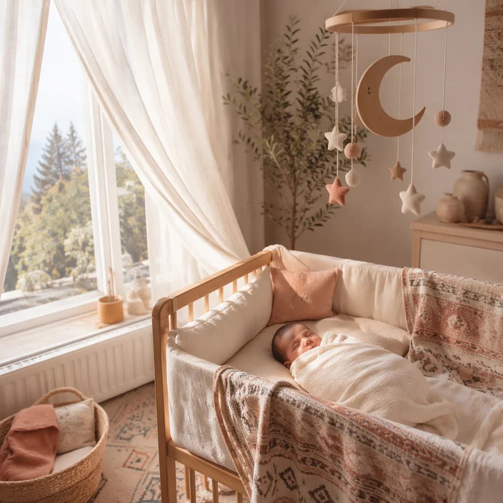 A peaceful pastel nursery with a swaddled newborn, soft light, and gentle Turkish-inspired decor.